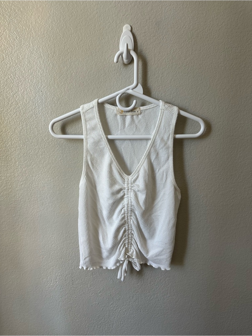 Ocean Drive White Ribbed V-Neck Drawstring Tank